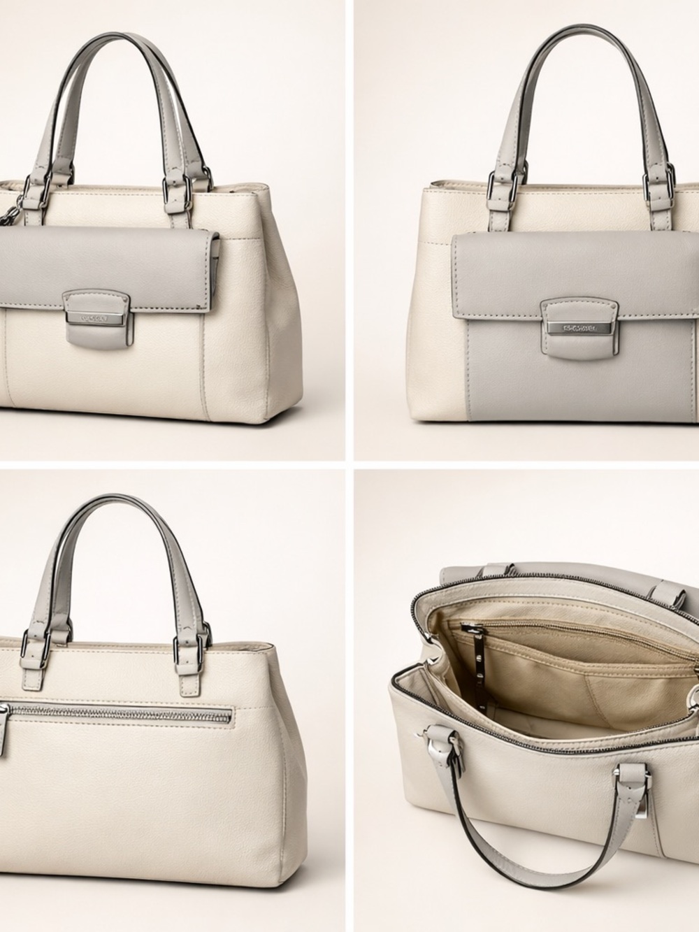 NWT Calvin Klein Two-Tone Cream and Light Gray GENUINE Leather Crossbody Satchel